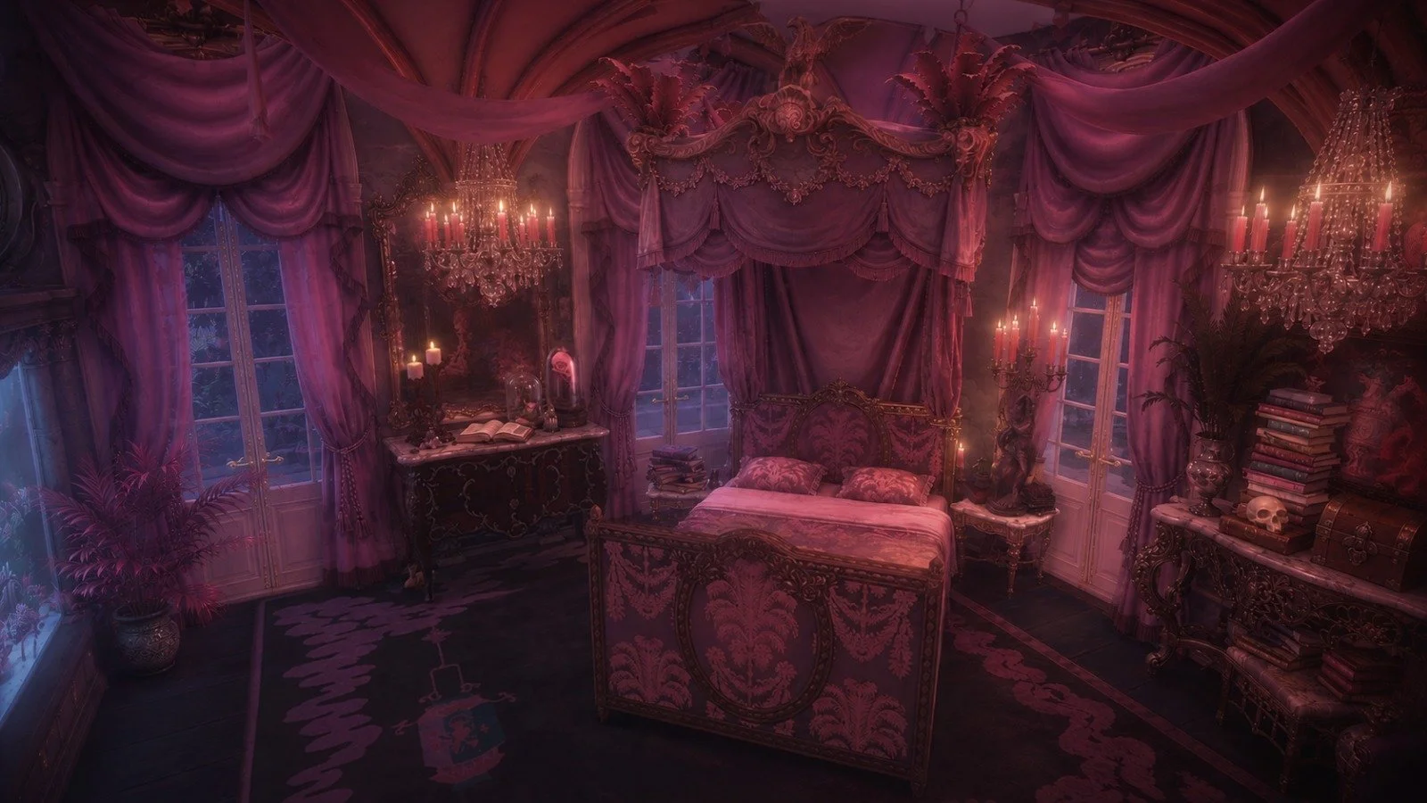 Gothic baroque bedroom with pink candlelight glow, moody maximalist sanctuary with ornate fish tank