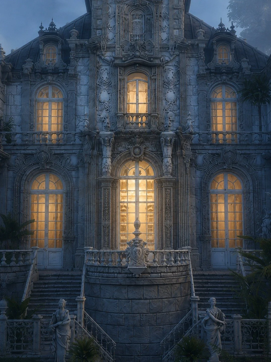 Grand palace facade with ornate stonework and architectural details, romantic old world elegance, Château de Lucille