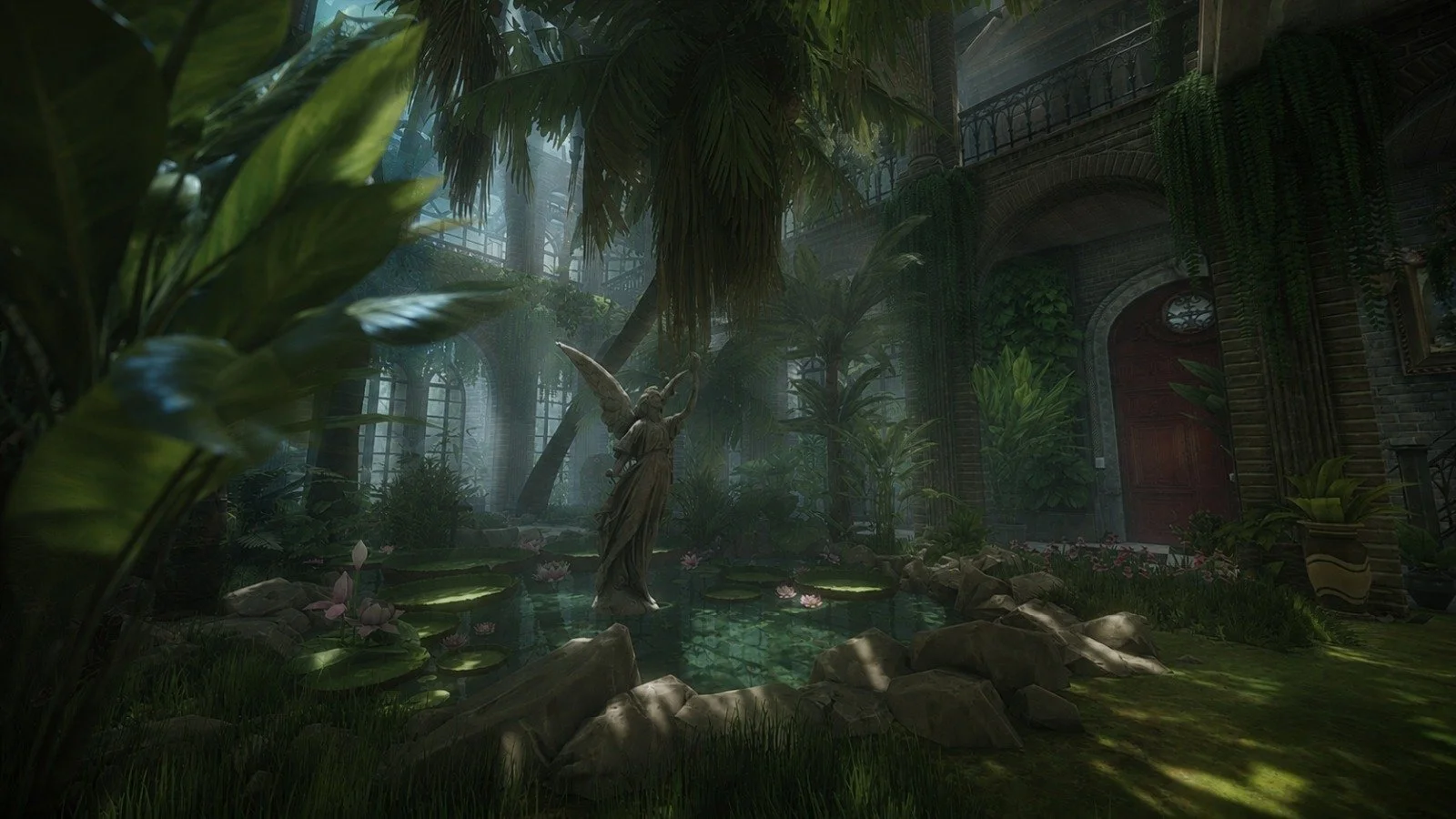 Tropical greenhouse with angel statue rising from an indoor pond in lush romantic old world conservatory, Maison Lucille