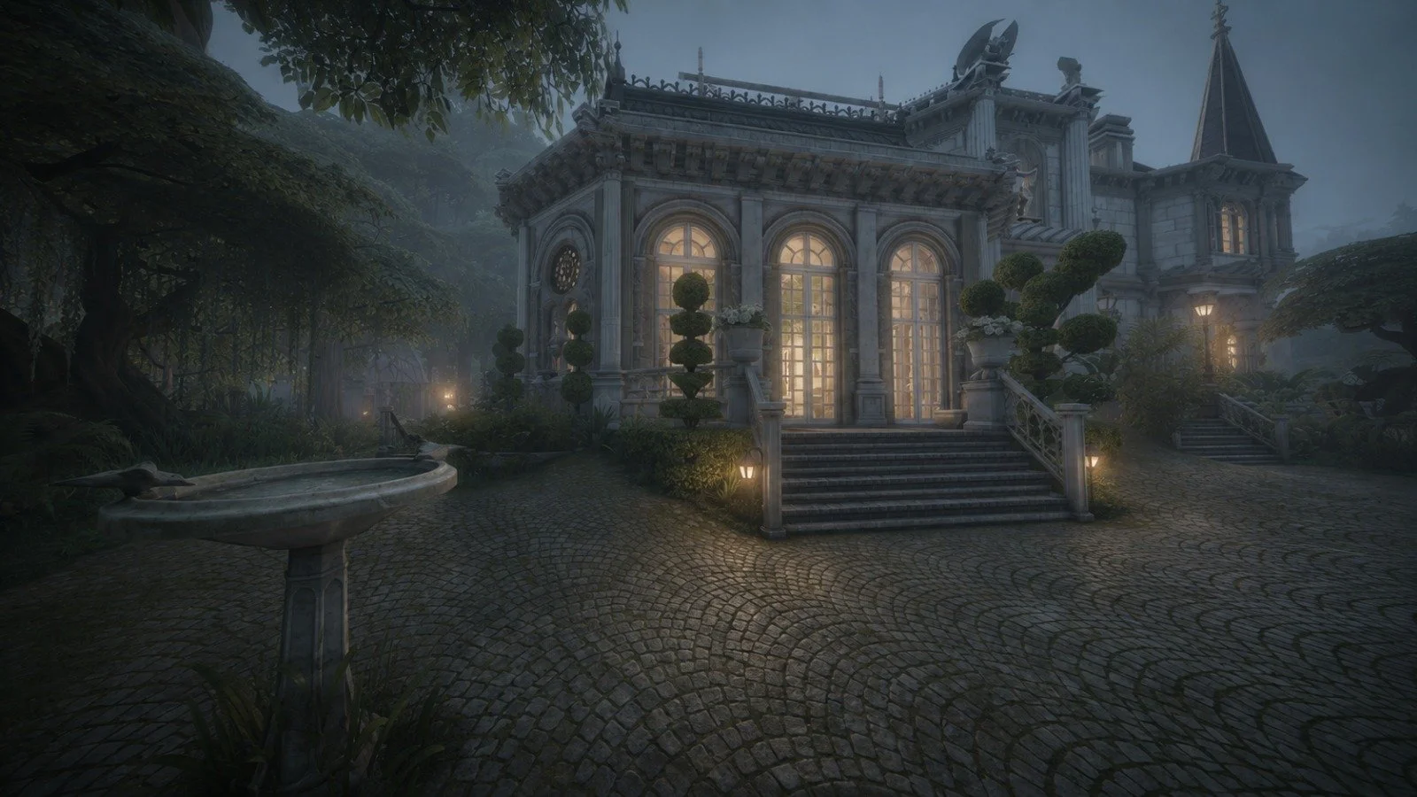 Misty dark garden surrounding grand chateau at dusk, maximalist old money estate grounds