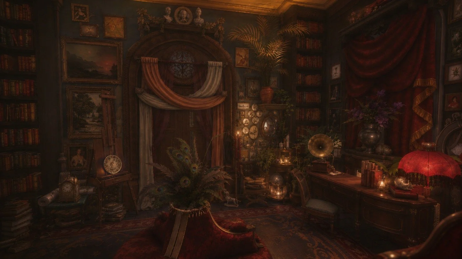 Antique Victorian study library with golden ambiance, intimate maximalist workspace