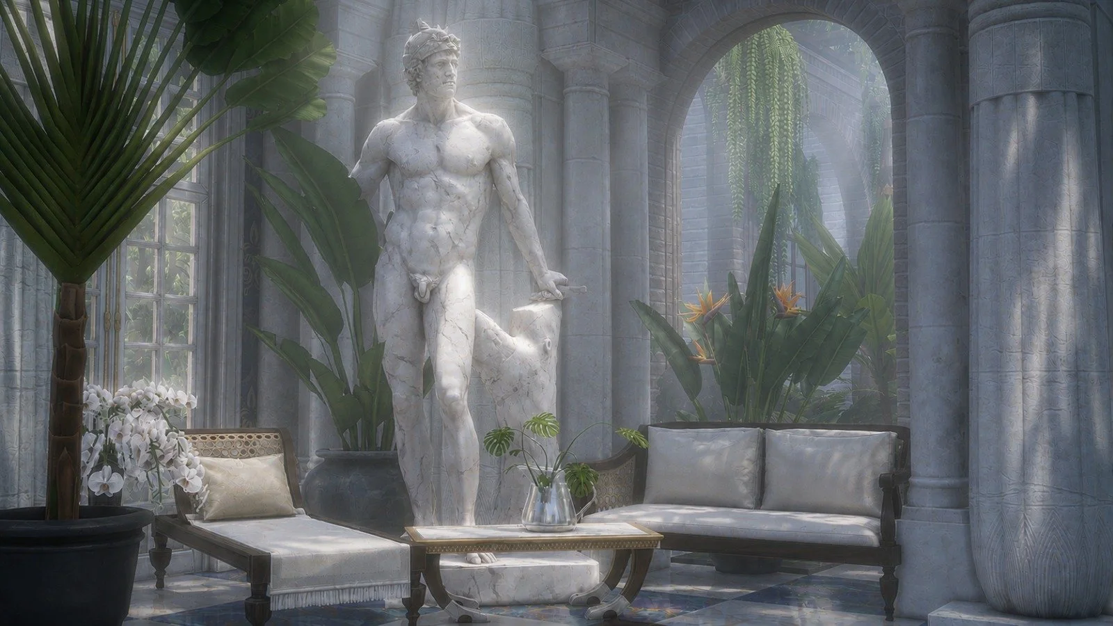 Monumental marble sculpture of Hercules in lush romantic old world indoor pool room, atrium background