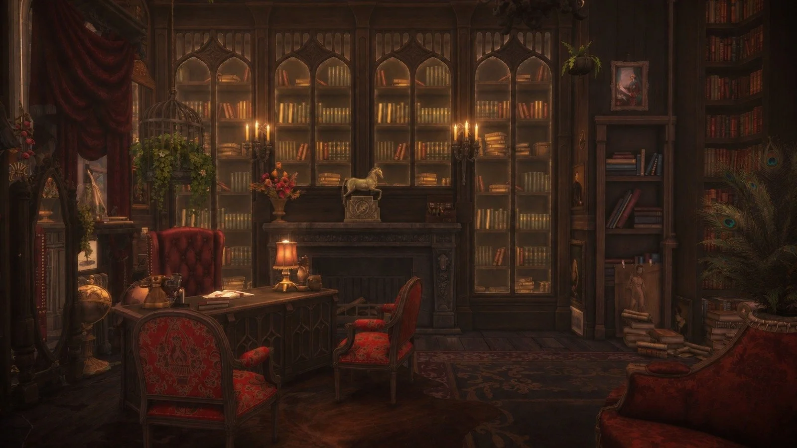 Gothic study with warm candle sconce lighting, scholarly romantic dark academia old world library