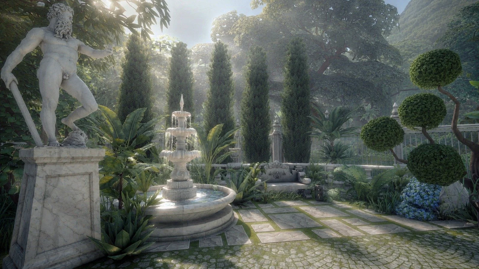 Serene classical garden with fountain in romantic old world estate grounds