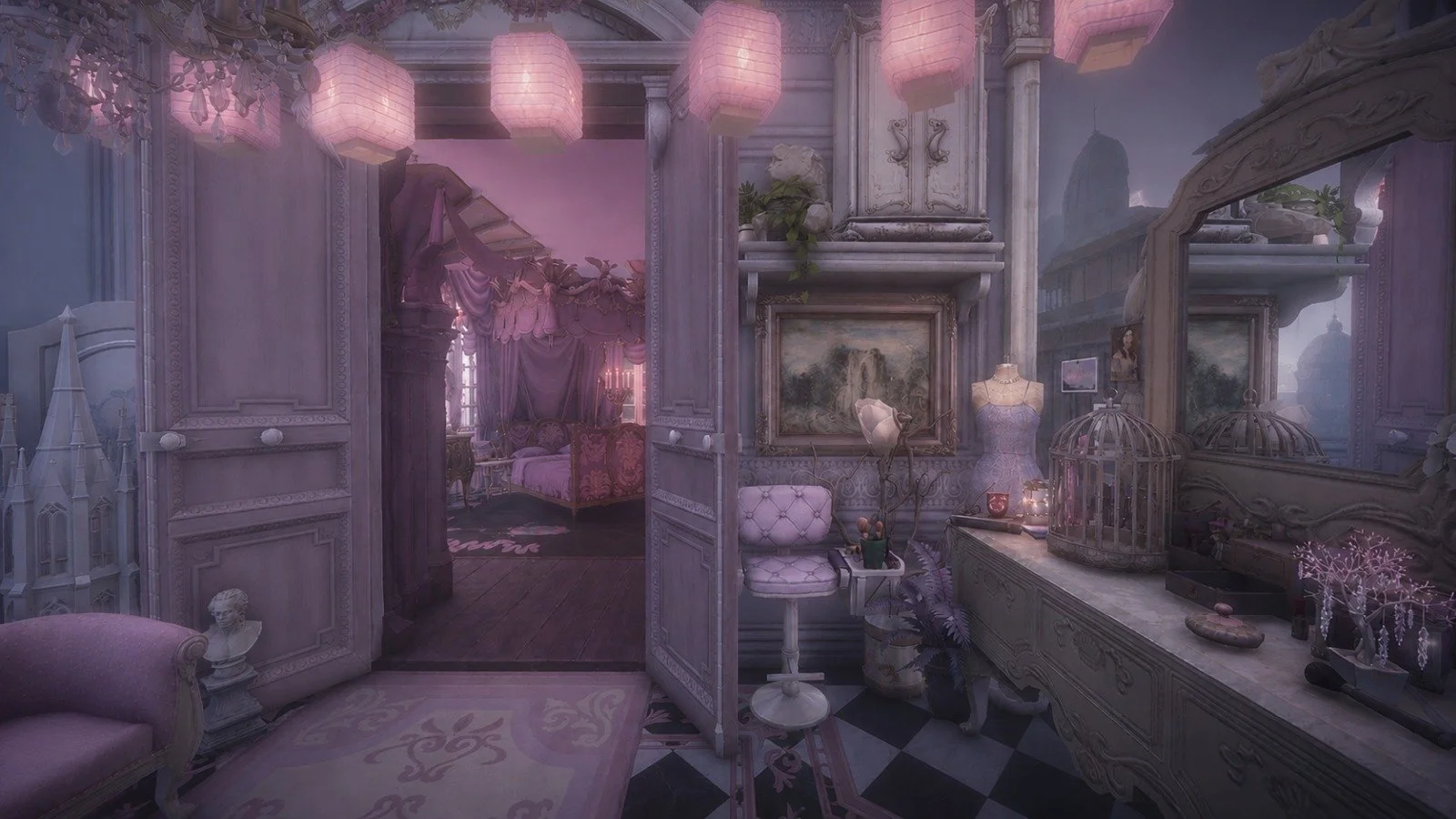 Romantic vintage boudoir retreat with elegant old world furnishings and feminine pastel colors