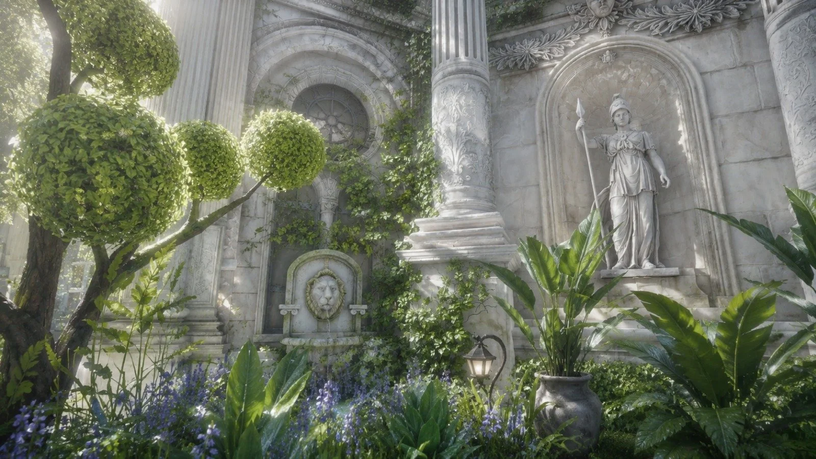 Serene classical garden courtyard bathed in sunlight, ornate maximalist landscaping
