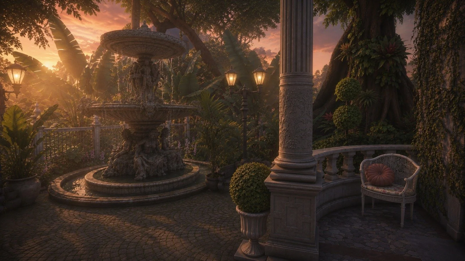 Serene sunset garden with elegant maximalist landscaping and dramatic monumental figural fountain