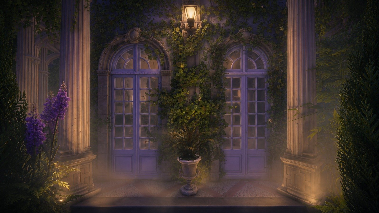 Mystical garden chateau doors with lavender baroque arches, dreamy lighting, romantic maximalist design