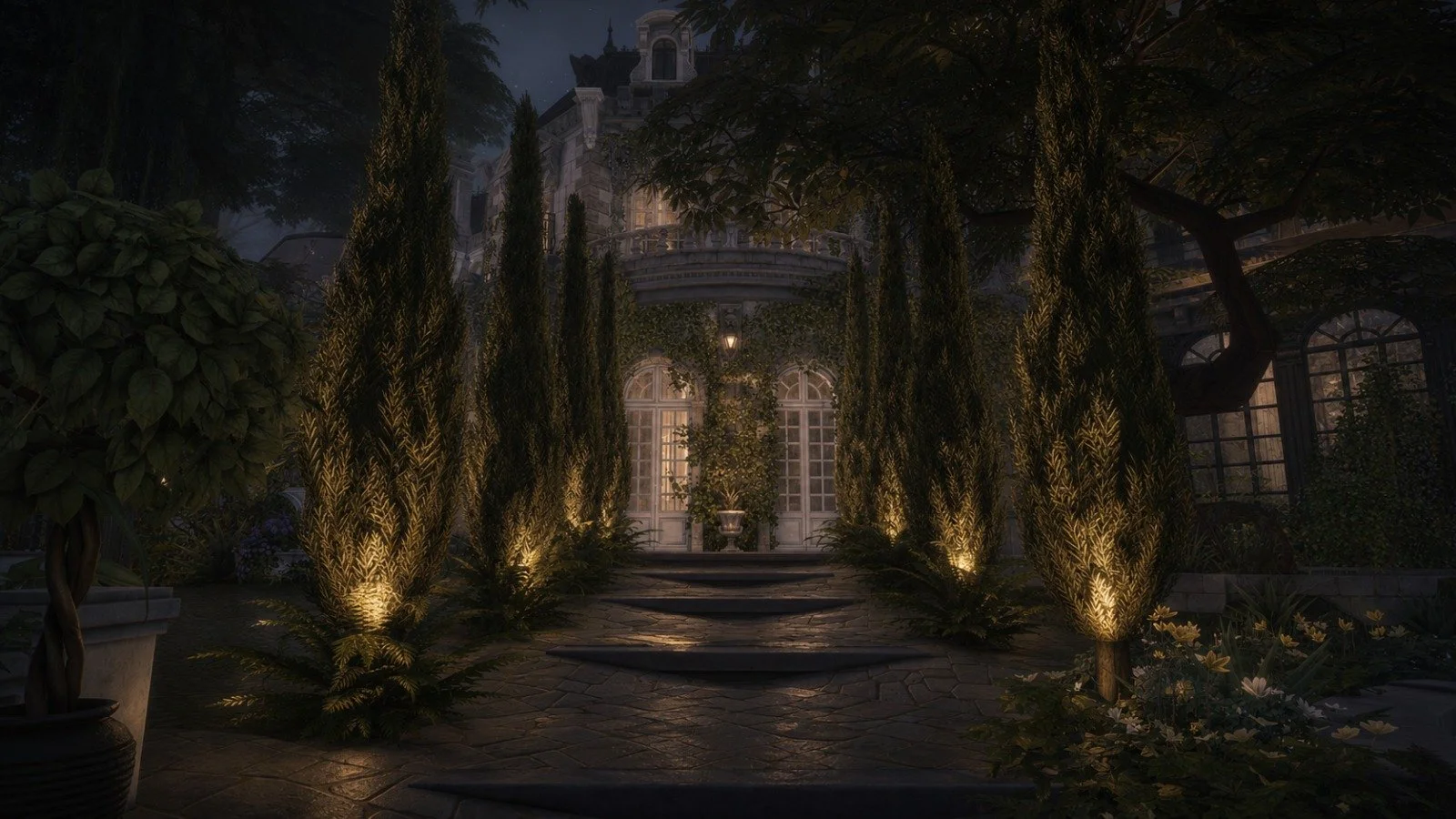 Romantic cypress-lined garden path leading to mansion entrance, ornate old world estate
