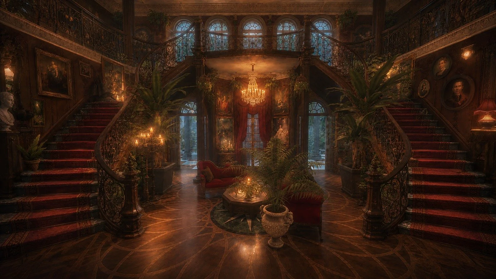 Opulent maximalist Victorian candlelit foyer with grand staircases in romantic old world mansion, Maison Lucille
