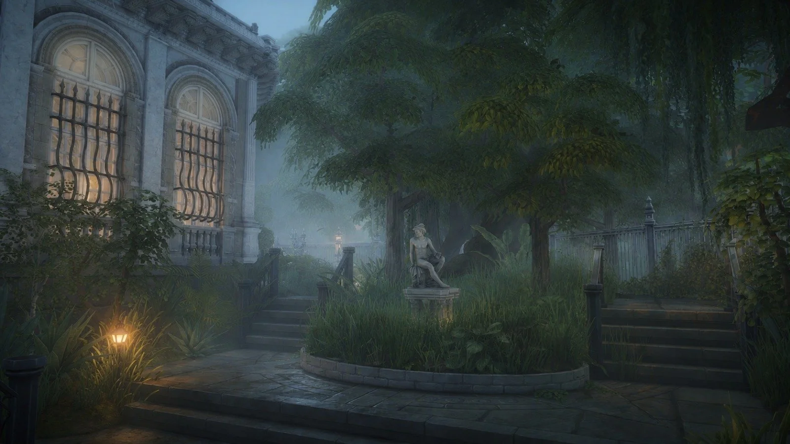 Misty garden at dawn with classical sculpture, serene old world elegance