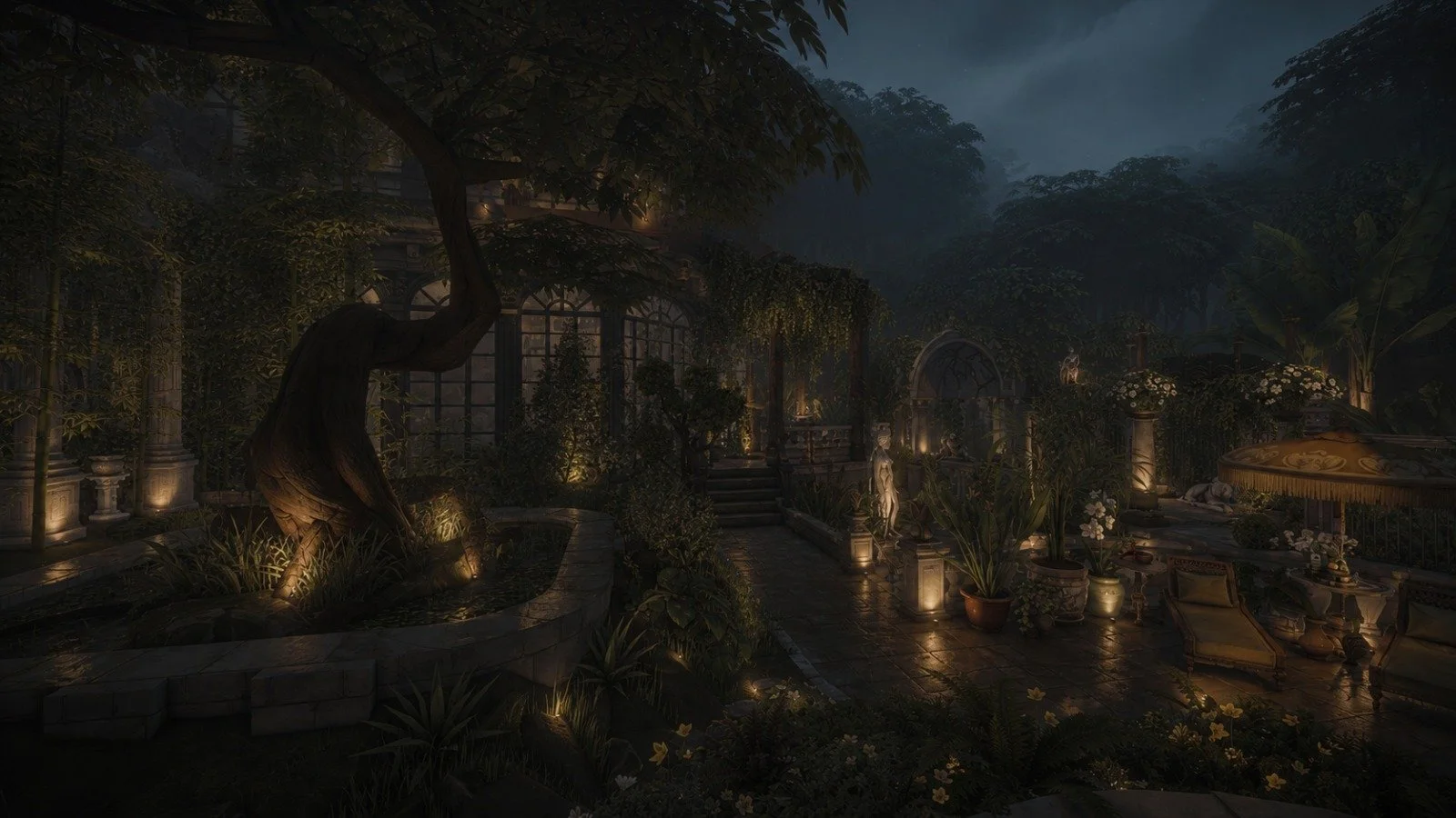 Romantic garden path leading past ornate atrium greenhouse at twilight, moody maximalist atmosphere