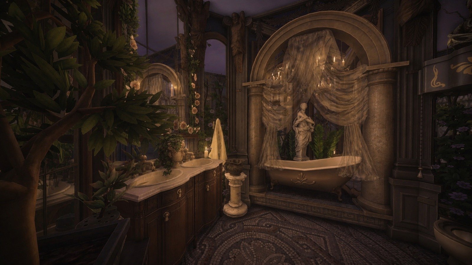Luxurious spa bathroom, serene old world bathing chamber with neoclassical elements and mosaic floor