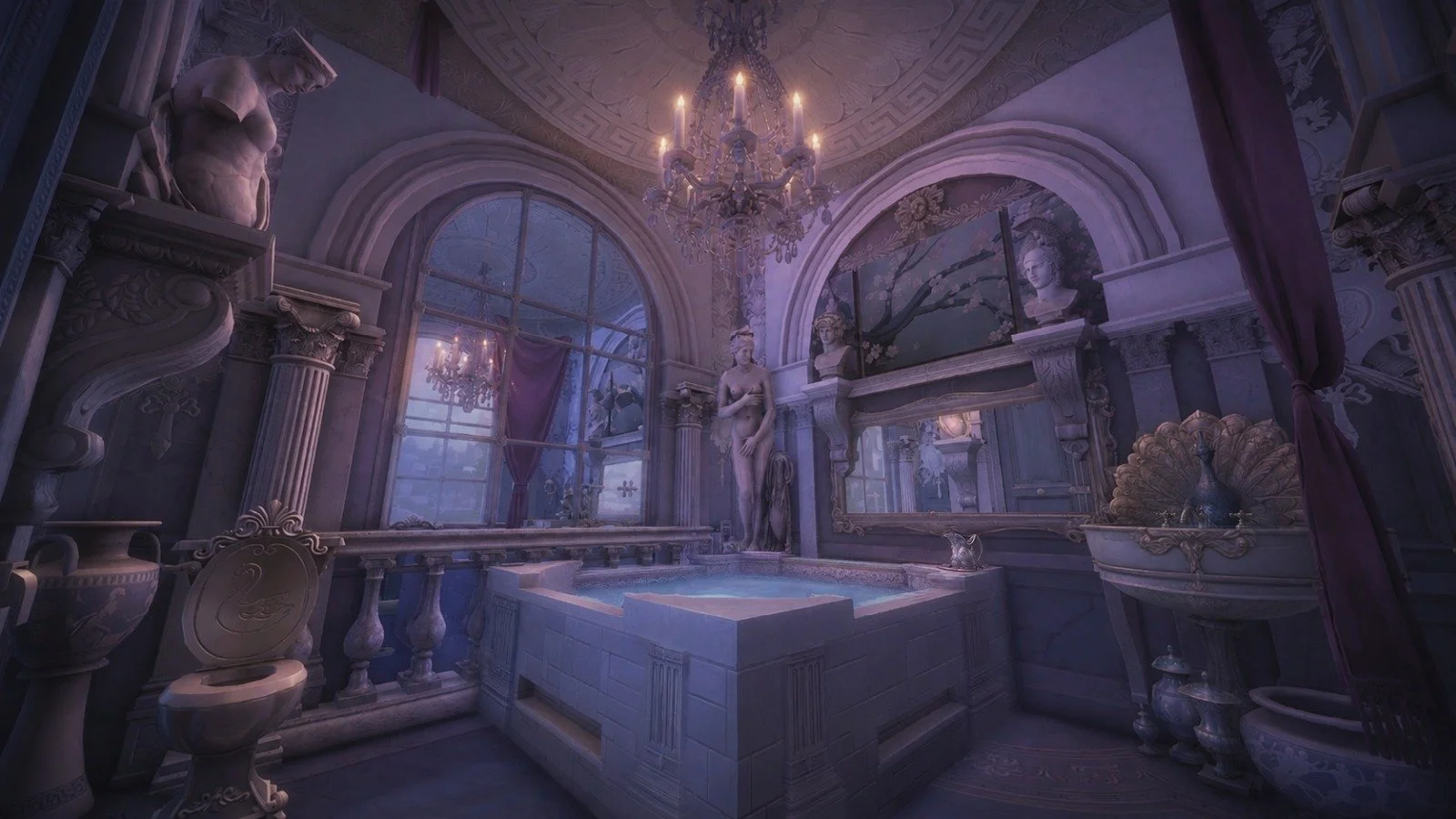 Luxurious neoclassical bathing chamber with elegant ornate old world details and soft pastel colors