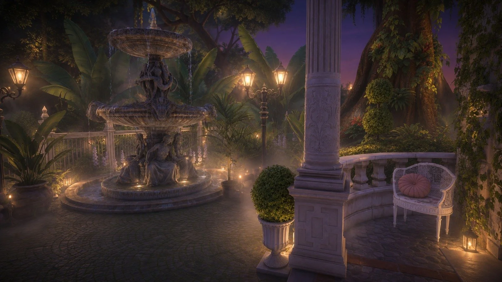 Romantic old world twilight garden fountain courtyard with outdoor lighting, elegant details