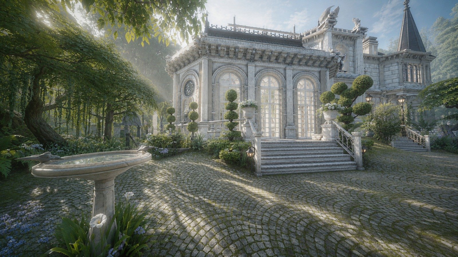 Enchanted garden path beside grand romantic old world mansion with bird bath