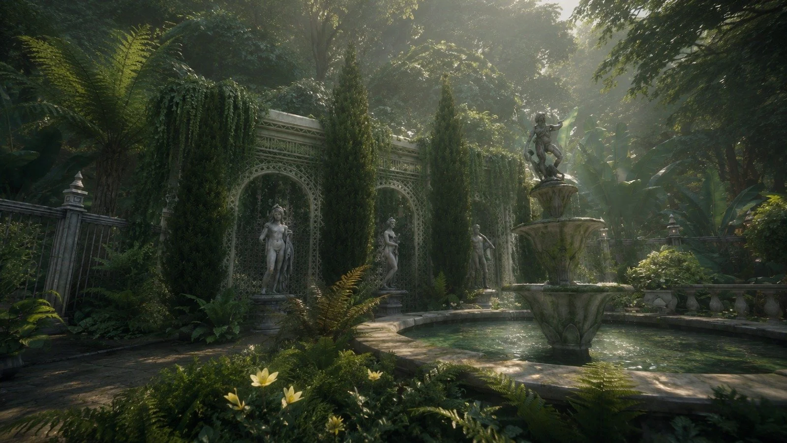 Elegant botanical villa garden in morning light, romantic maximalist details, Maison Lucille