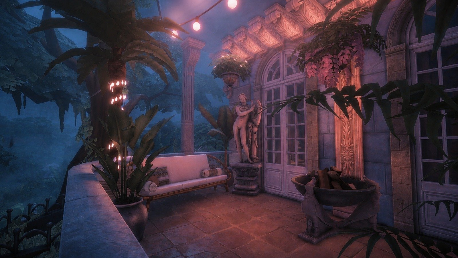 Romantic old world jungle-overlooking master bedroom balcony in early morning with pink string lighting