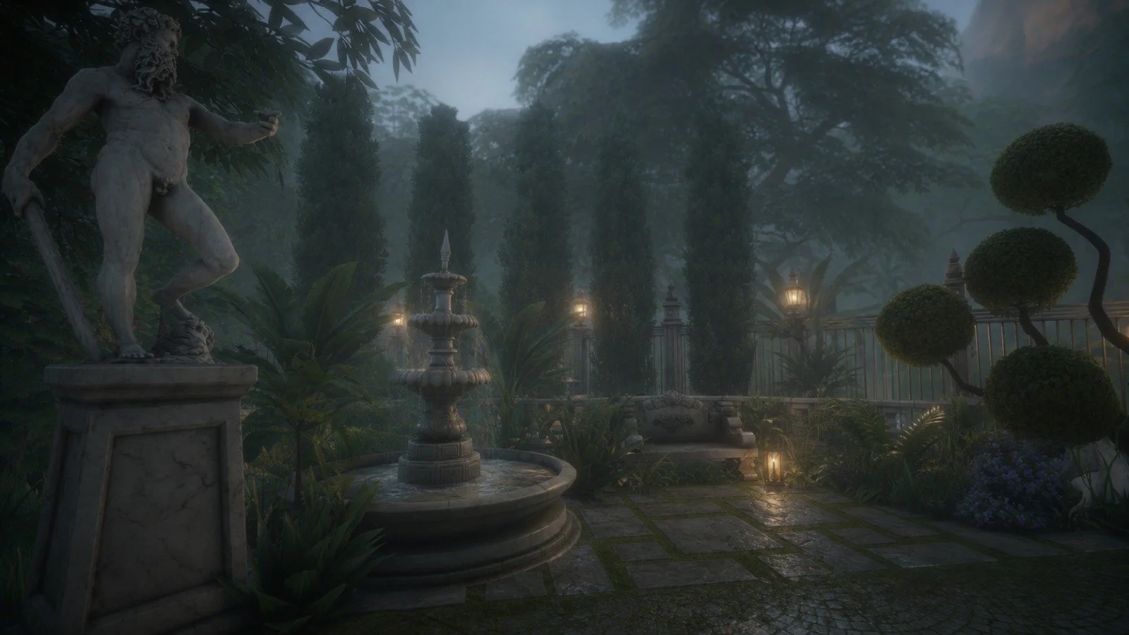 Misty romantic old world garden courtyard at dusk with fountain and classical sculpture