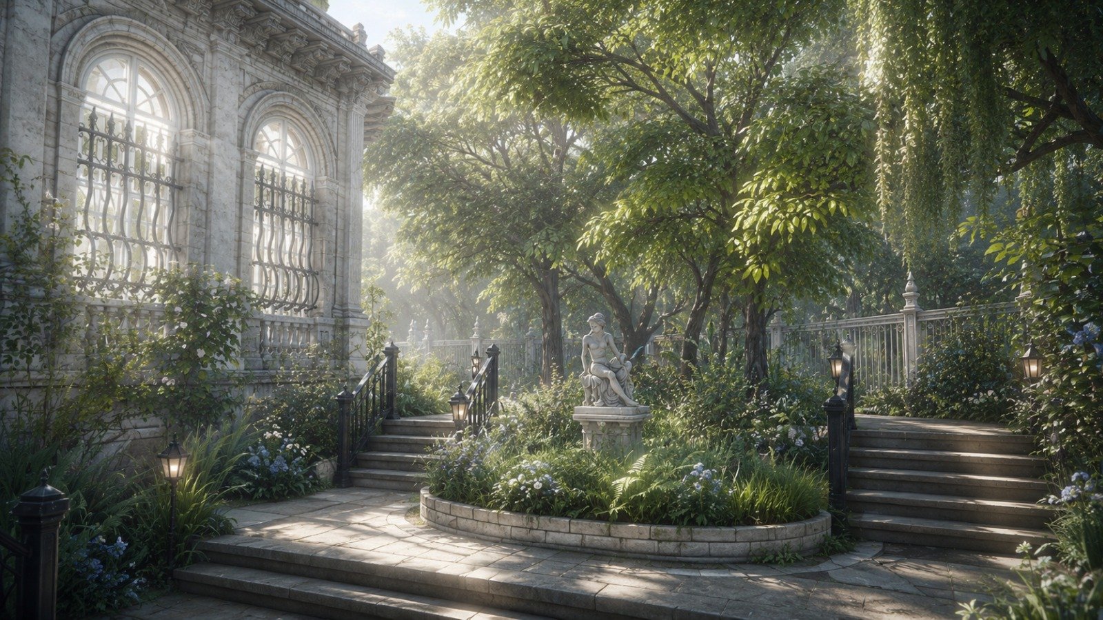 Serene garden in soft morning light with elegant old world landscaping
