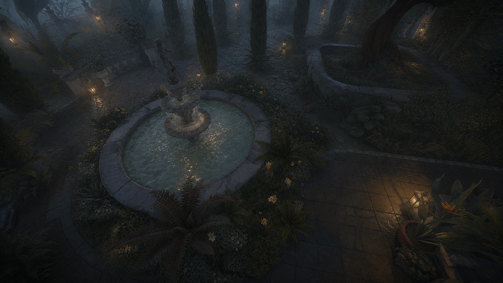 Misty evening in a formal garden with soft lighting, romantic old world aesthetic fountain