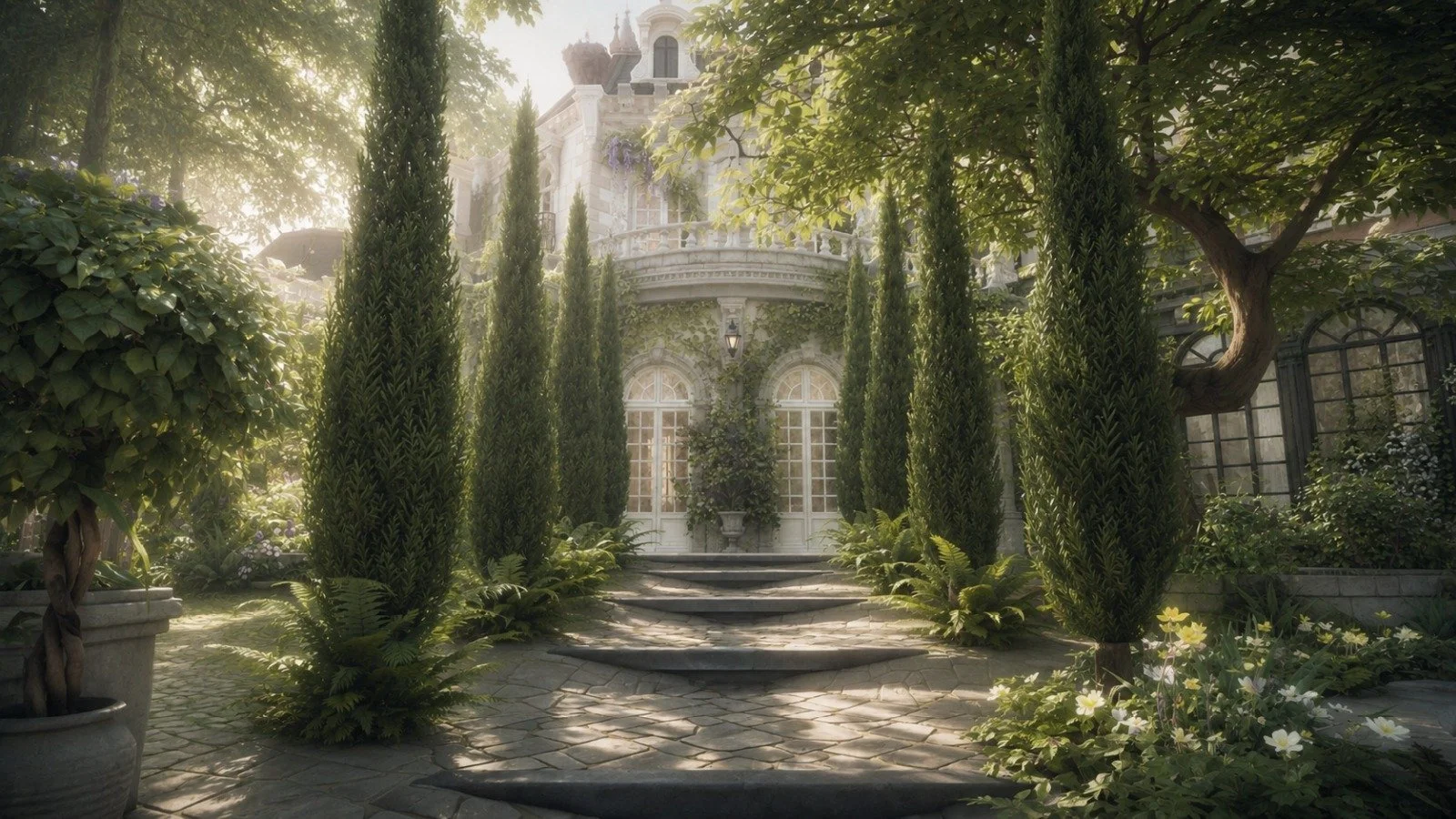 Sunlit romantic garden villa entrance with ornate architectural details