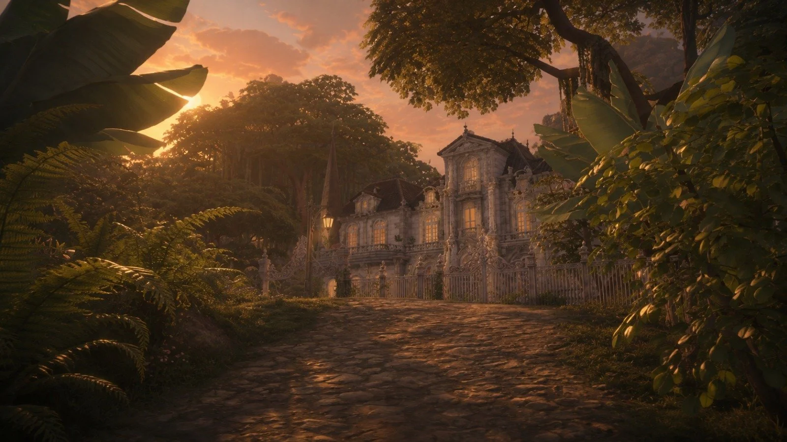 Golden hour at the approach to the estate with warm lighting and romantic old world architecture, Château de Lucille