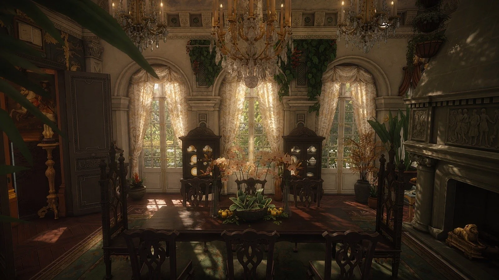 Elegant eclectic Mediterranean old world dining room with crystal chandelier and maximalist details