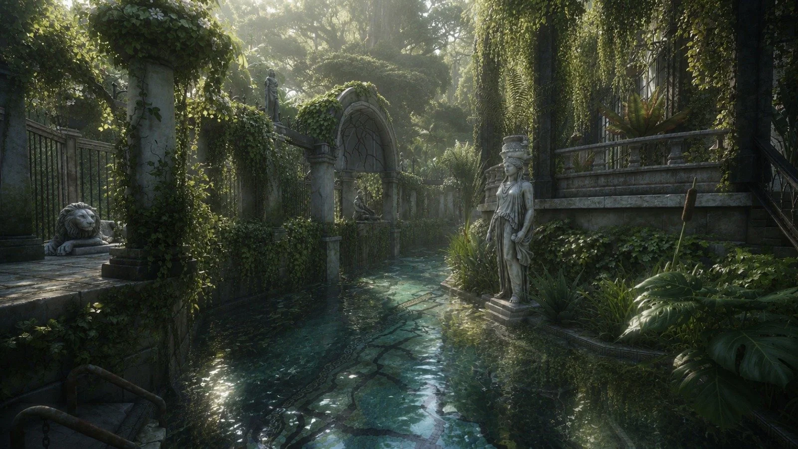 Misty jungle garden pool with classical statues, moody romantic old world atmosphere, Maison Lucille