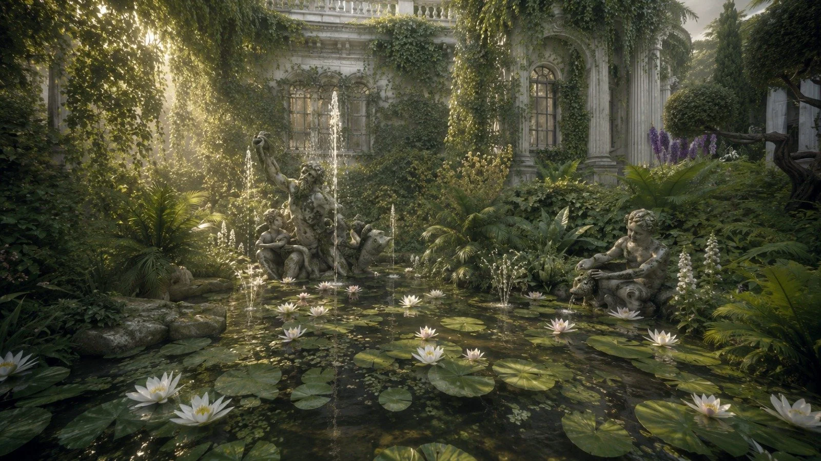Romantic lush sunken garden pond by an old world estate with classical sculptures
