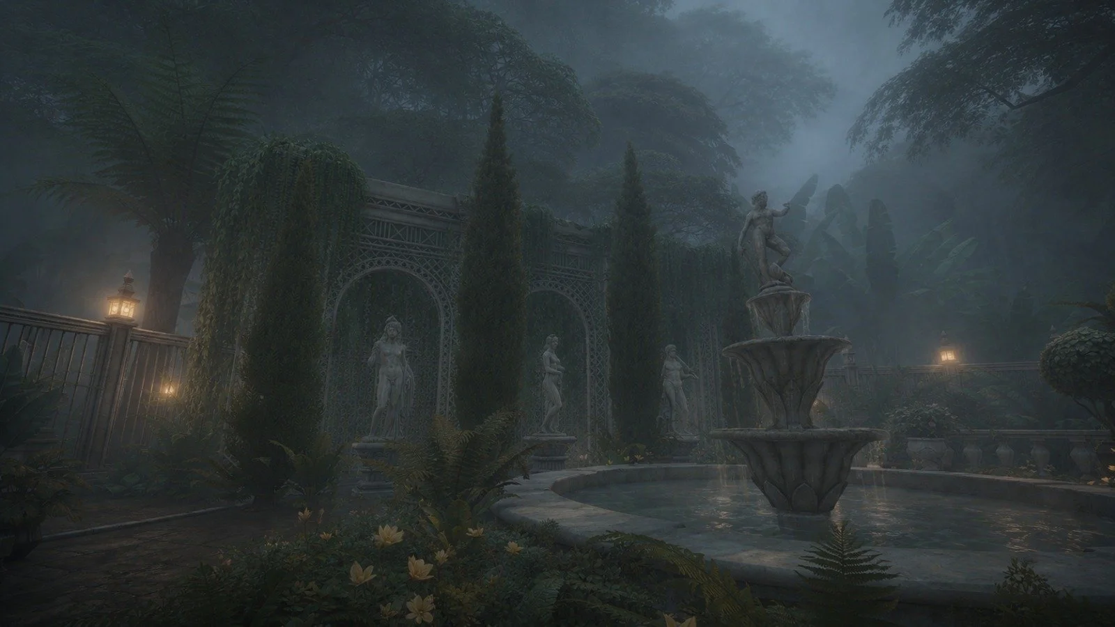 Lush misty dark classical statue filled French colonial maximalist old world garden