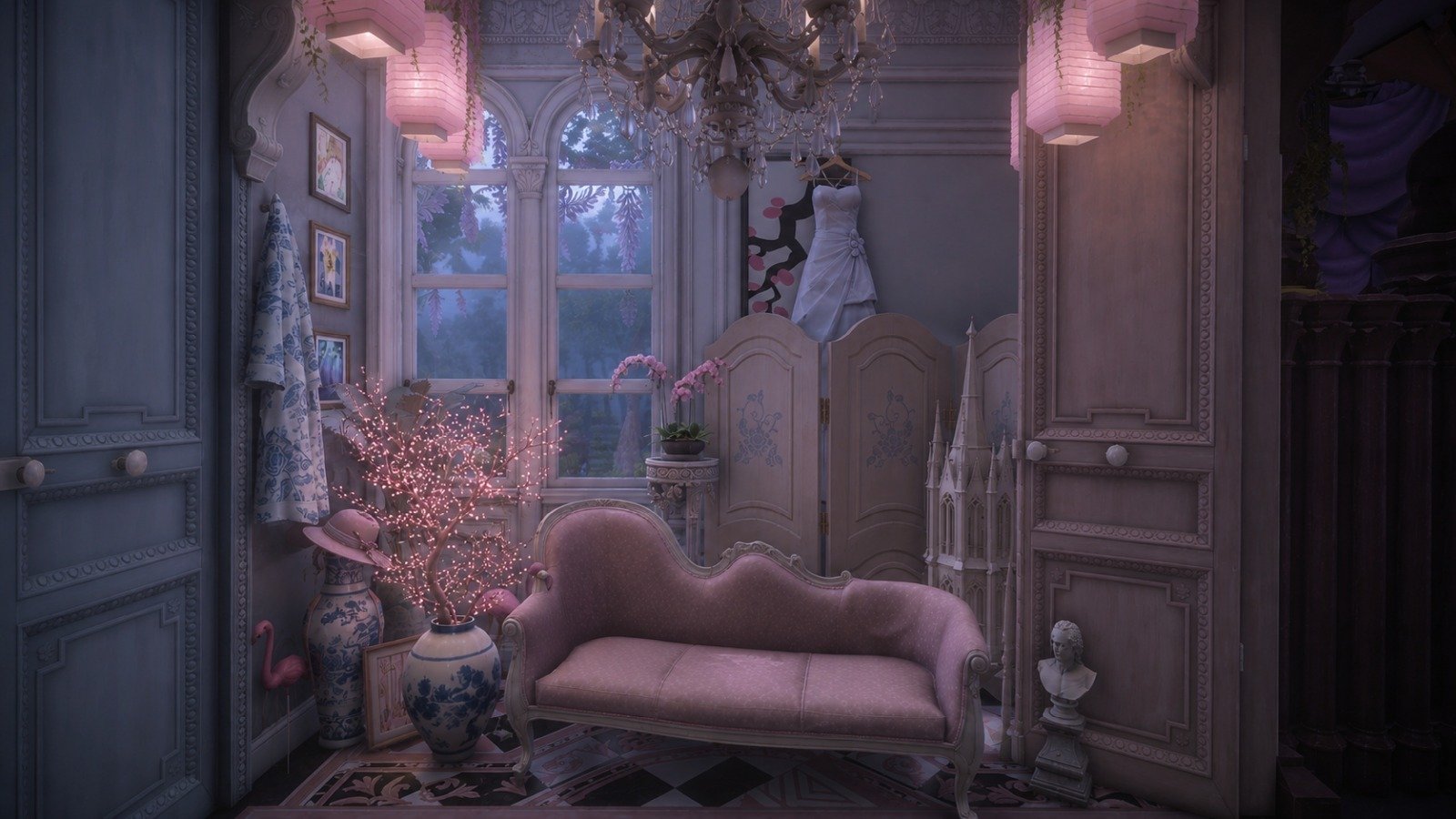 Twilight romance in a vintage feminine boudoir, intimate maximalist bedroom with soft pastel pink light, Maison Lucille
