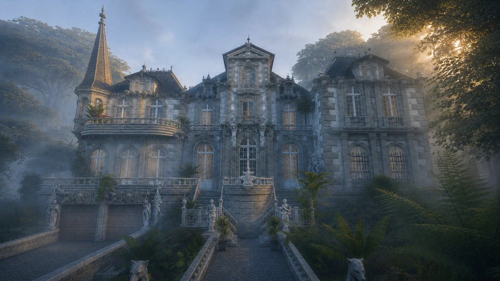 Misty chateau facade emerging from forest at dawn, romantic old world architecture, Château de Lucille