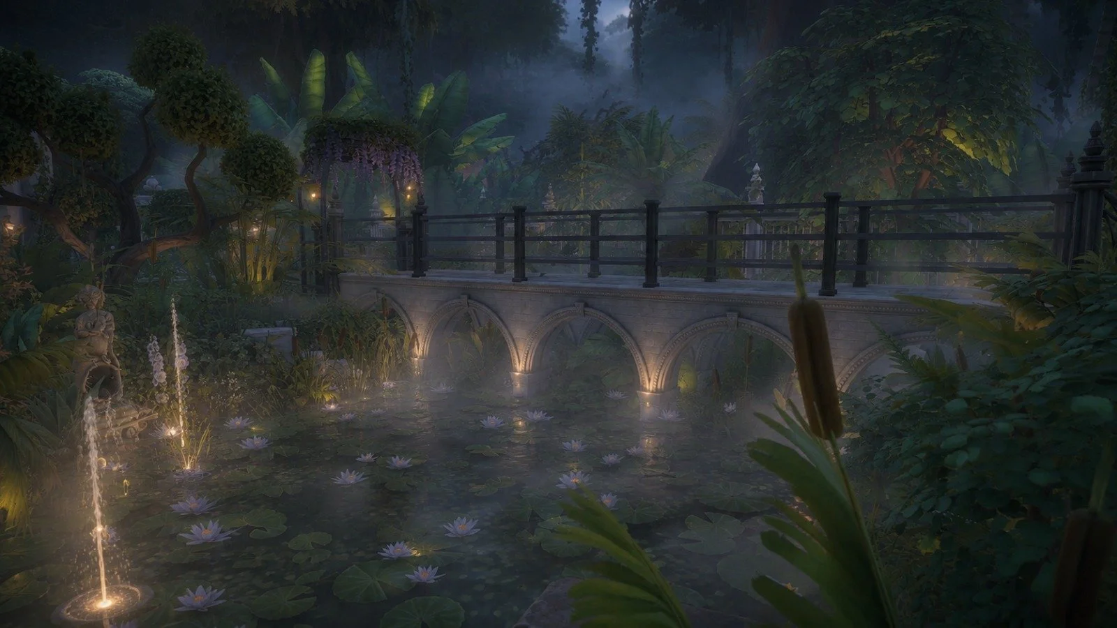 Classical arch bridge over sunken garden at dusk with dramatic atmosphere, ornate maximalist style