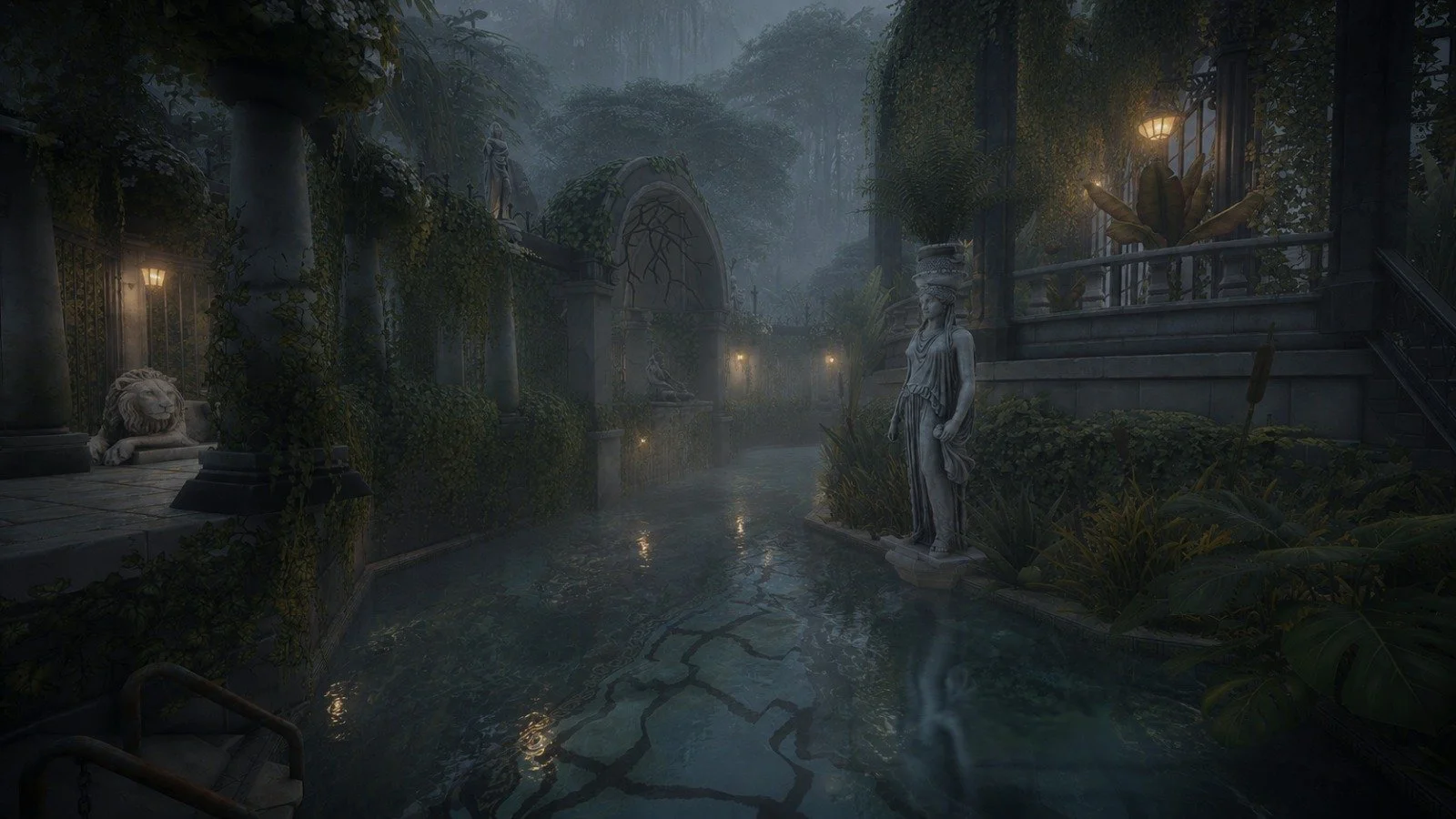 Misty garden pool with classical statue and reflective water, romantic estate grounds
