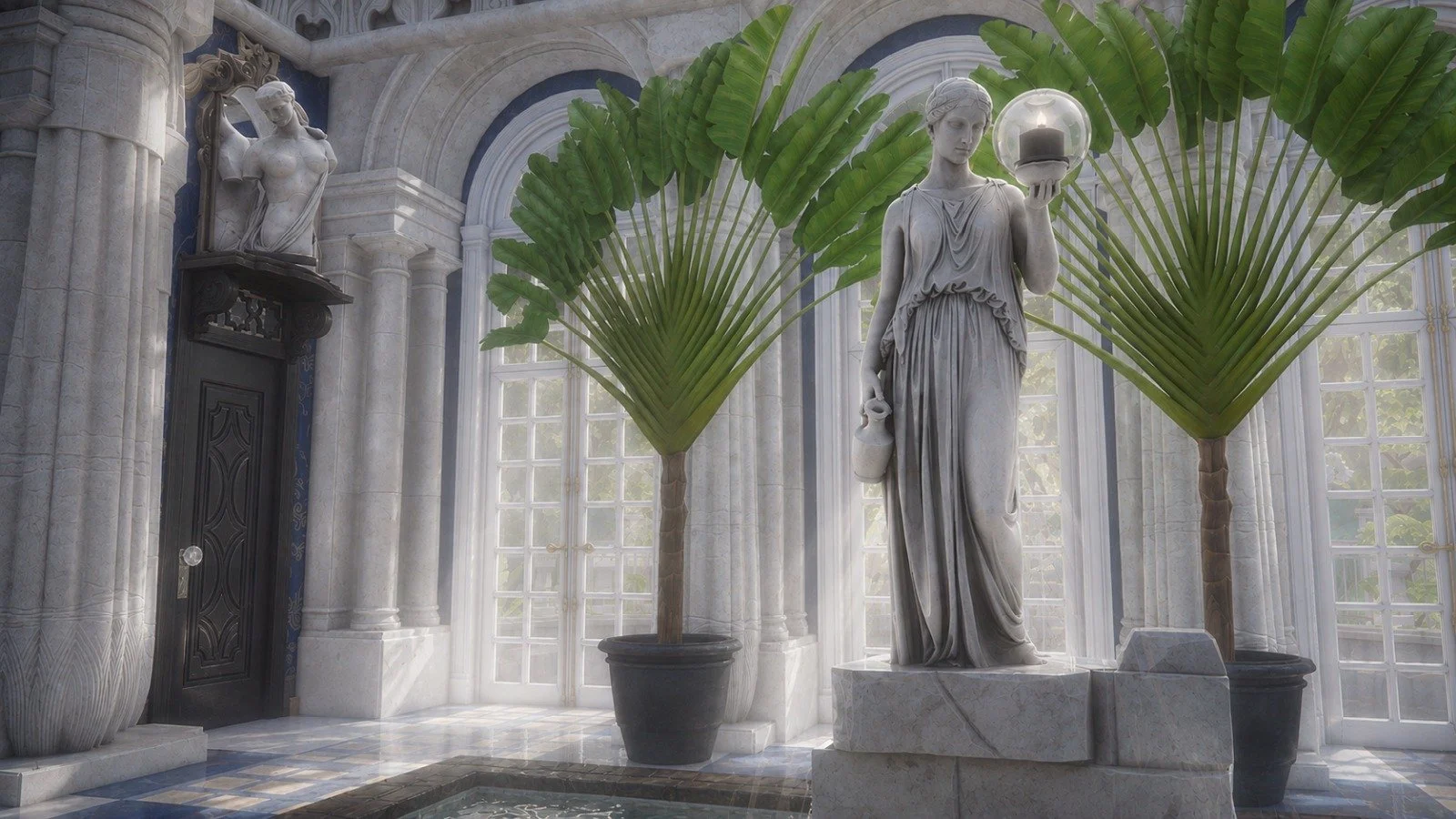 Serene classical women sculptures in indoor pool with lush plants, maximalist old world interior design