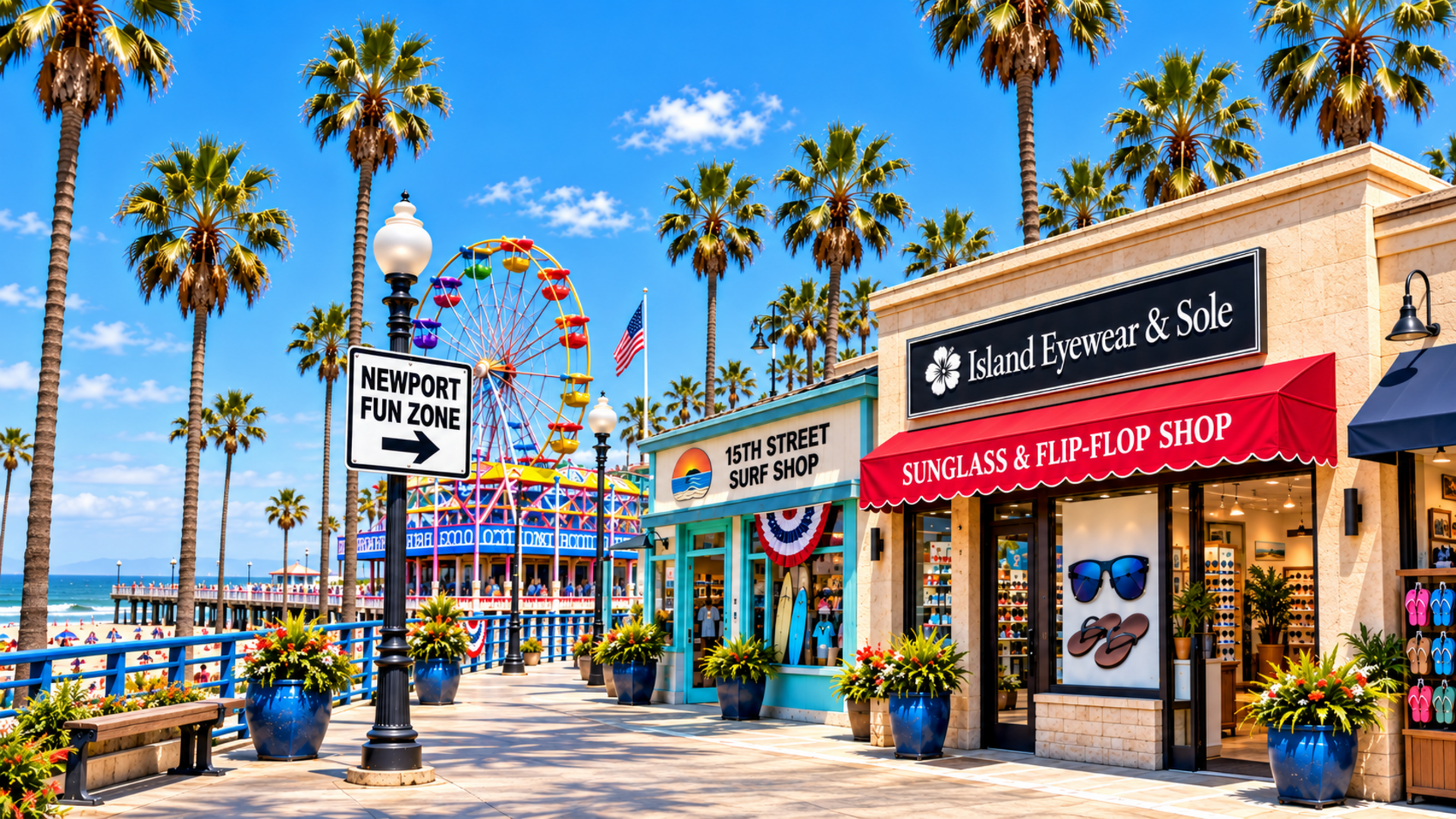 Newport Fun Zone with the Ferris wheel, 15th Street Surf Shop, and Island Eyewear