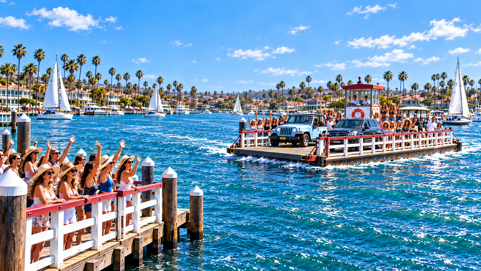 Balboa Island Ferry crossing Newport Harbor with passengers cheering