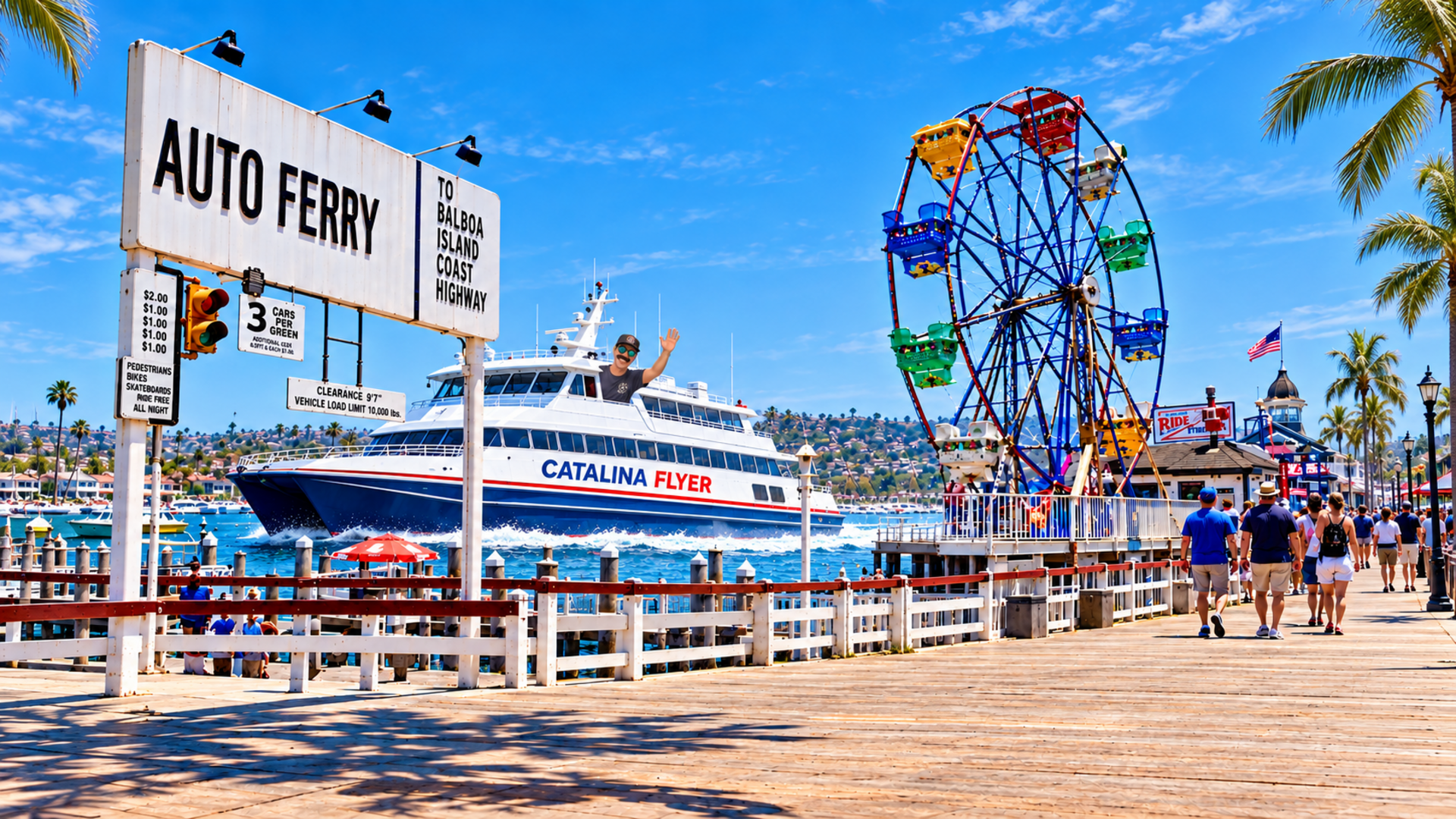 Newport Beach Balboa Fun Zone, Catalina Flyer, Ferris wheel and local storefronts