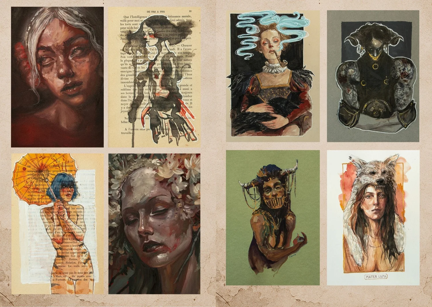 Pages 16 et 17 de l’artbook L’Entre-Monde : huit peintures et dessins de Rebecca.