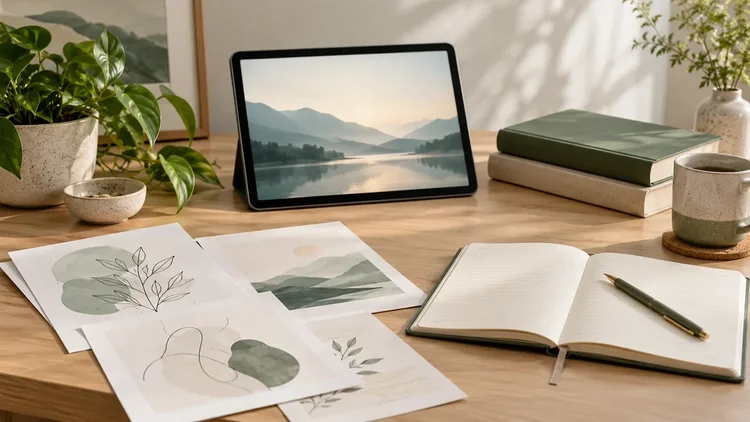 Books, resource sheets, an open notebook and a tablet for learning at your own pace