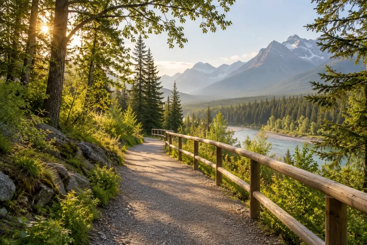 A gentle walking path with a handrail through a peaceful forest landscape