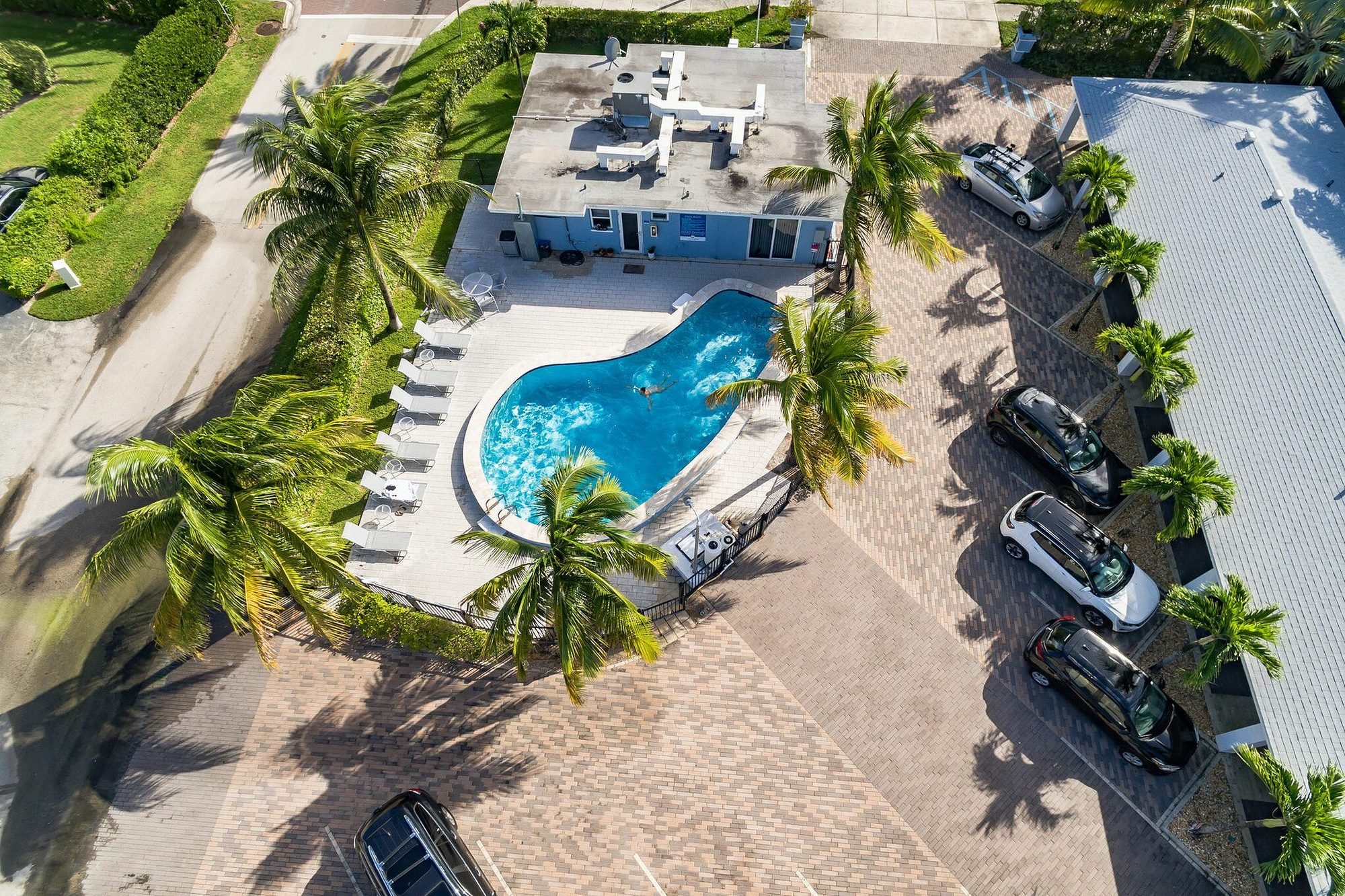 Aerial view of Seascape Apartments — pool deck, palms and parking court