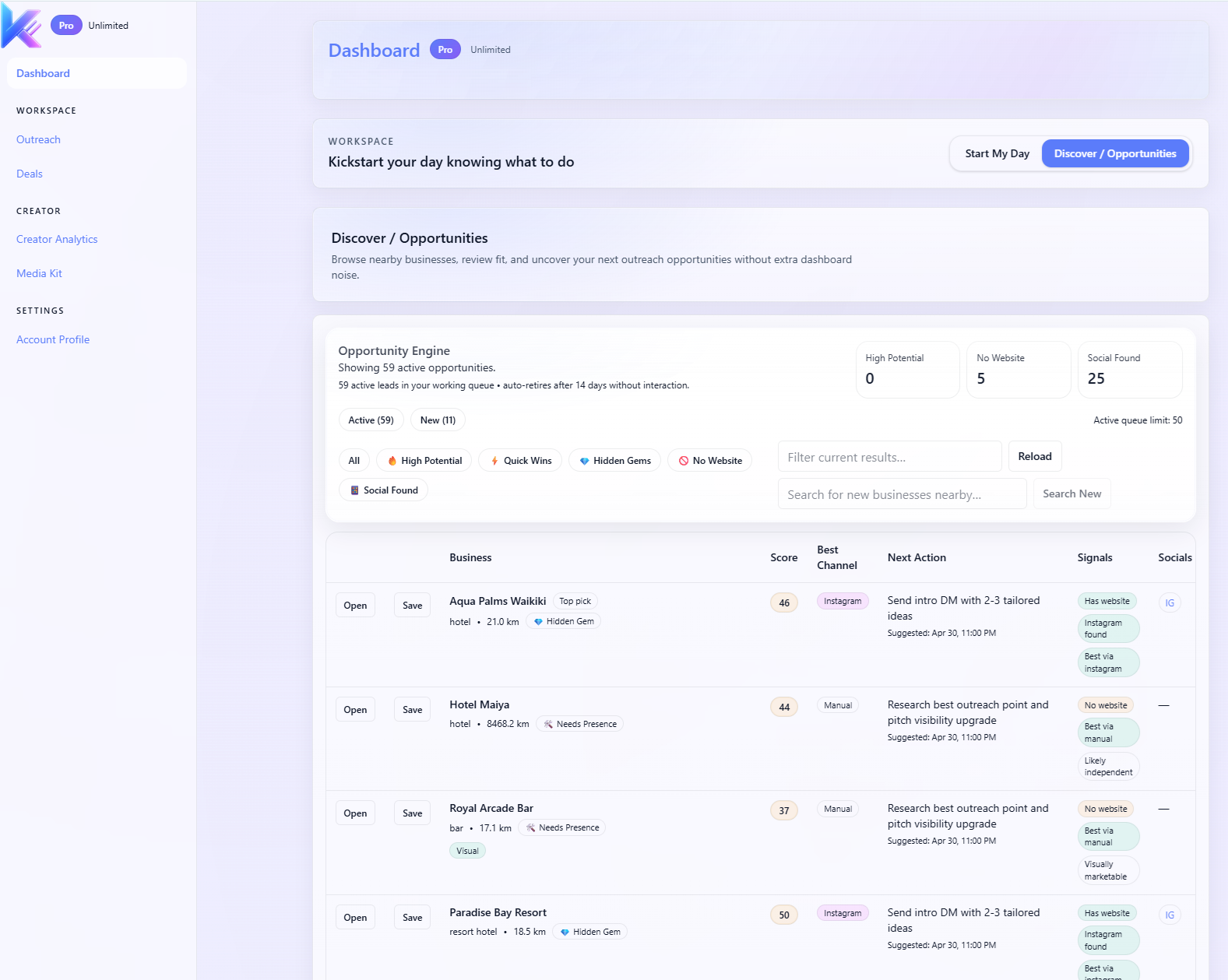 KreatorHQ discover leads preview