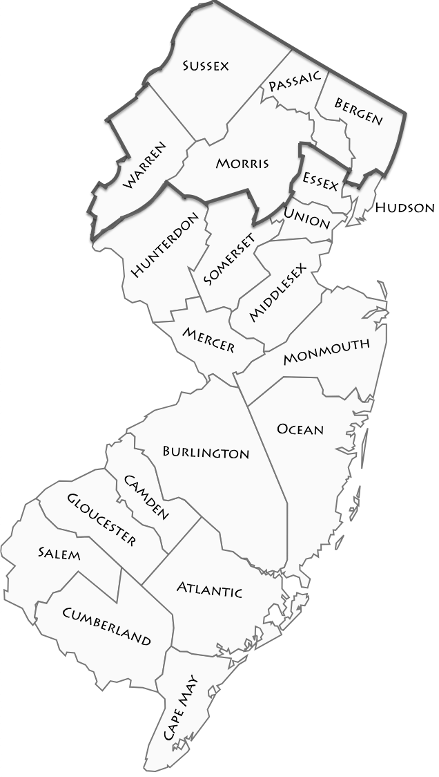 Map of Northern New Jersey counties served by Checkur Property Transitions: Sussex, Warren, Morris, Passaic, and Bergen
