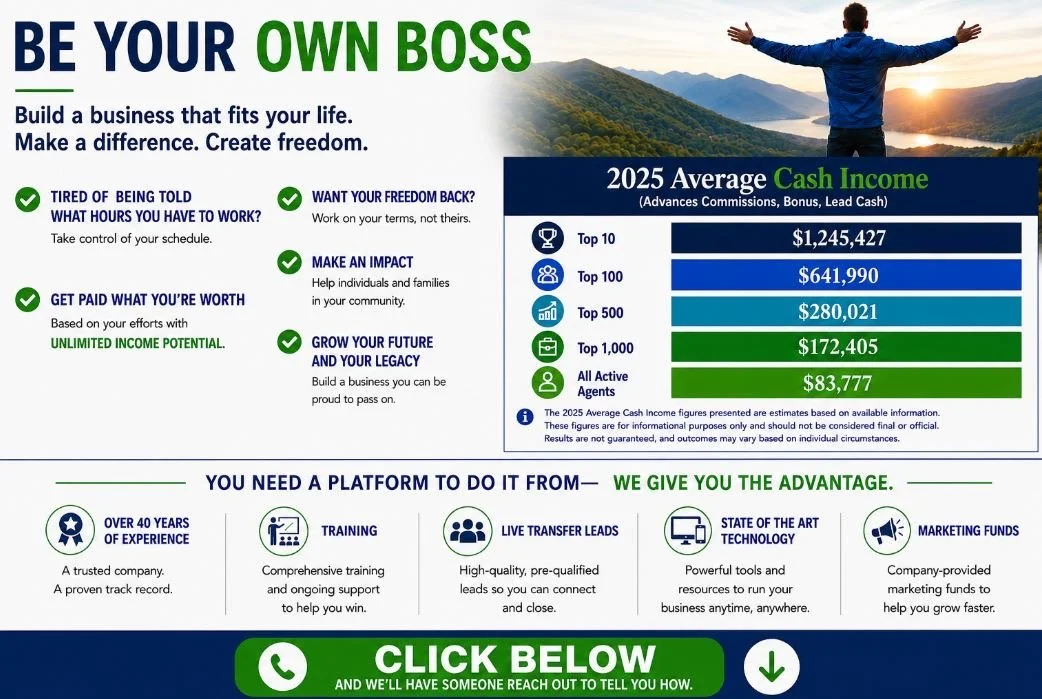 Be your own boss. Build a business that fits your life. Make a difference. Create freedom. HealthMarkets recruiting flyer.