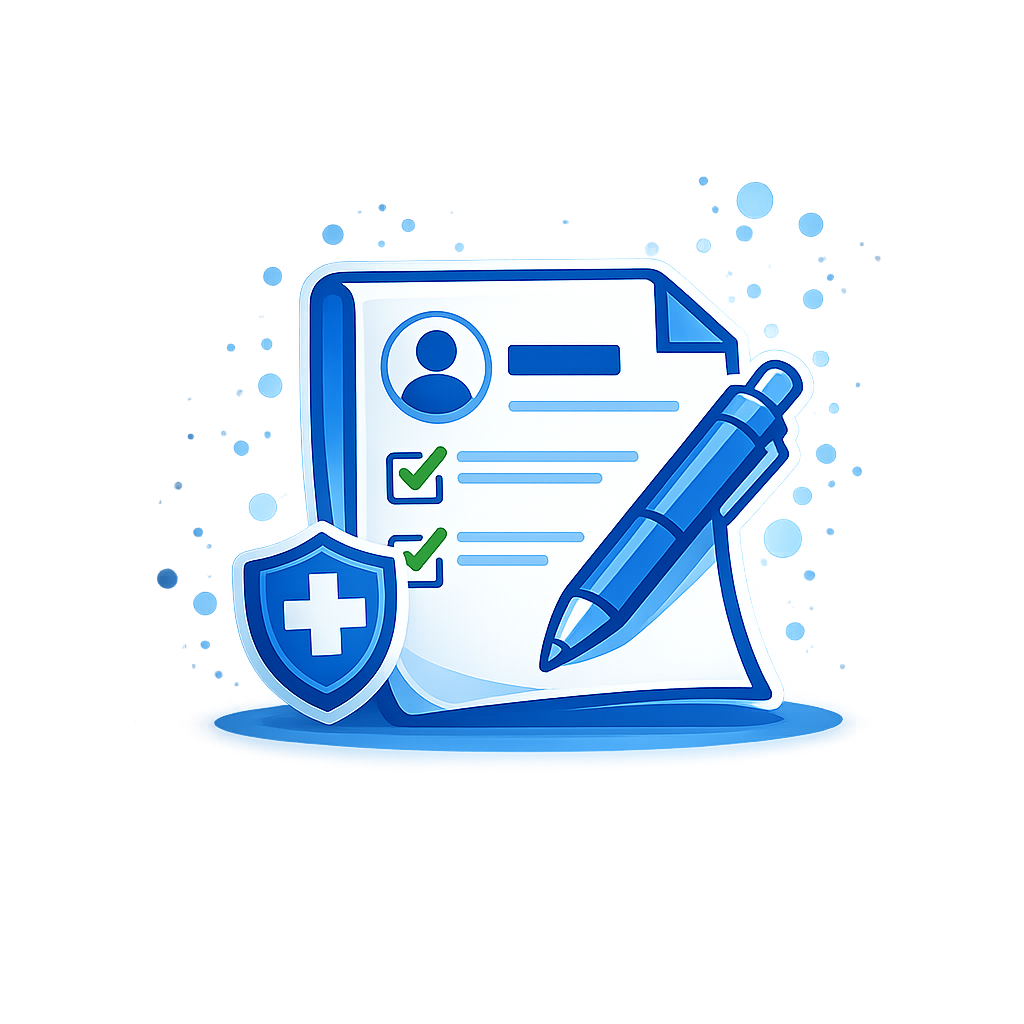 Personal statement document with ticks, a pen and a medical symbol
