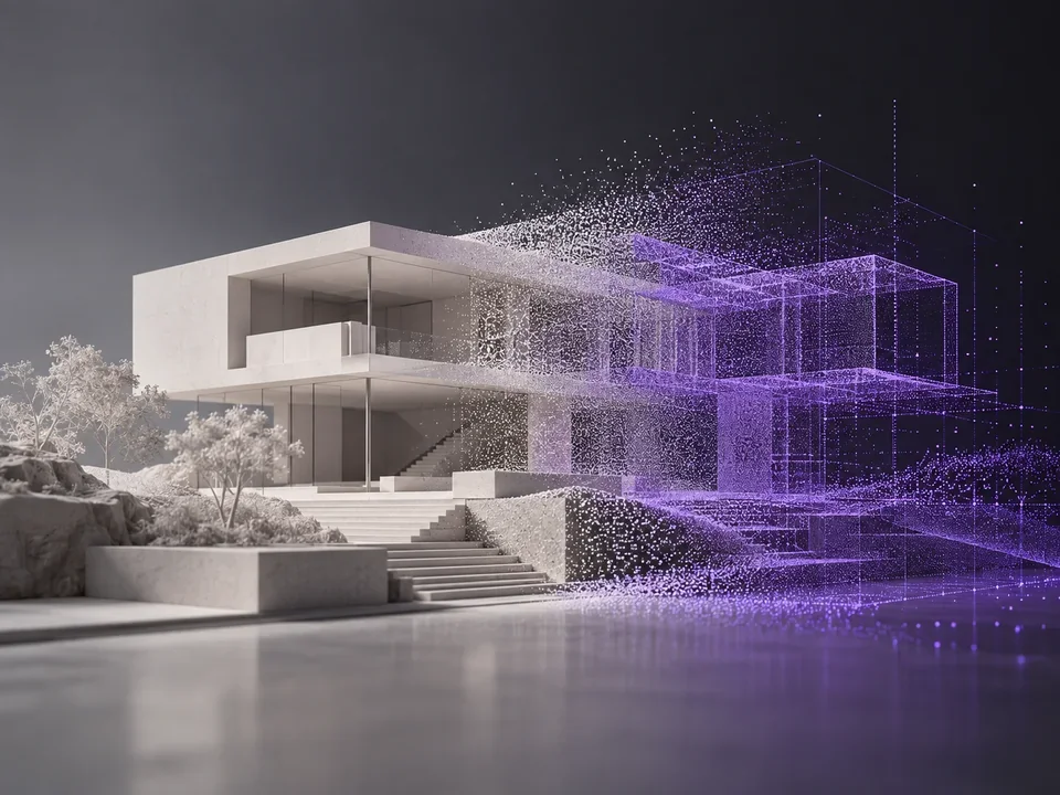 Architectural model transforming into a digital point cloud