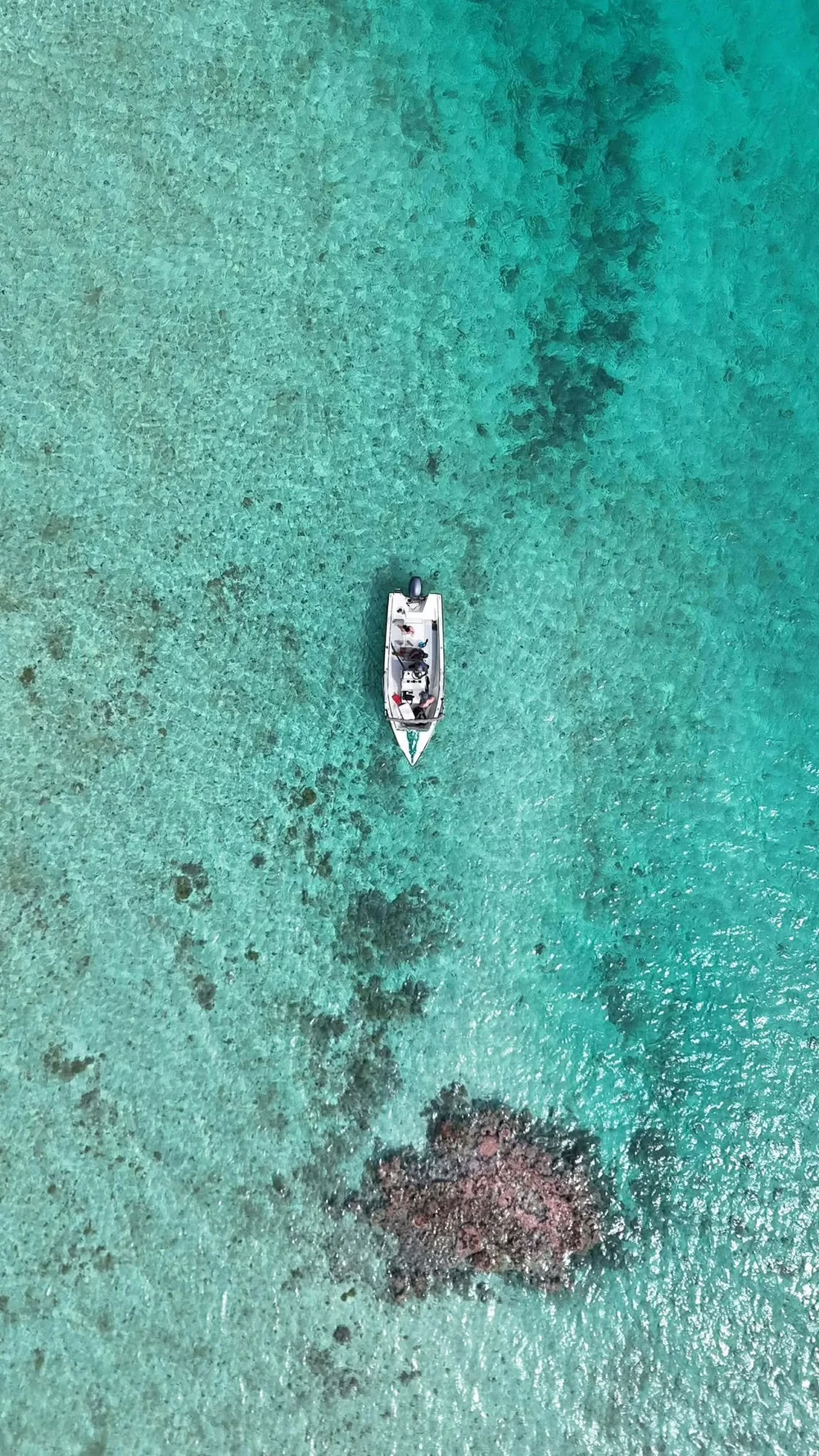 A boat above clear water and coral on Anaa’s shallow lagoon flats