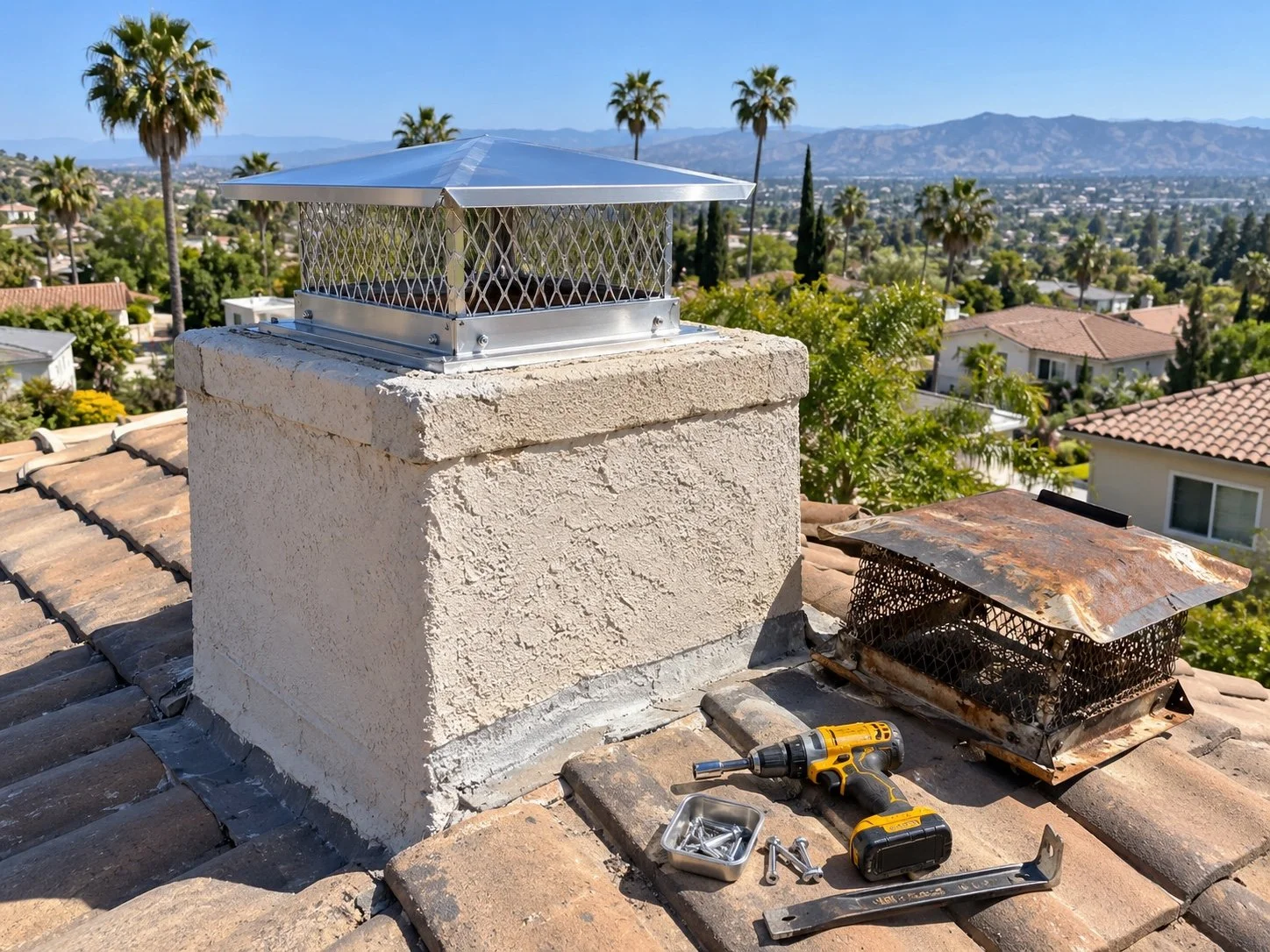 Metal chimney cap beside an older rusted cap on a tile roof